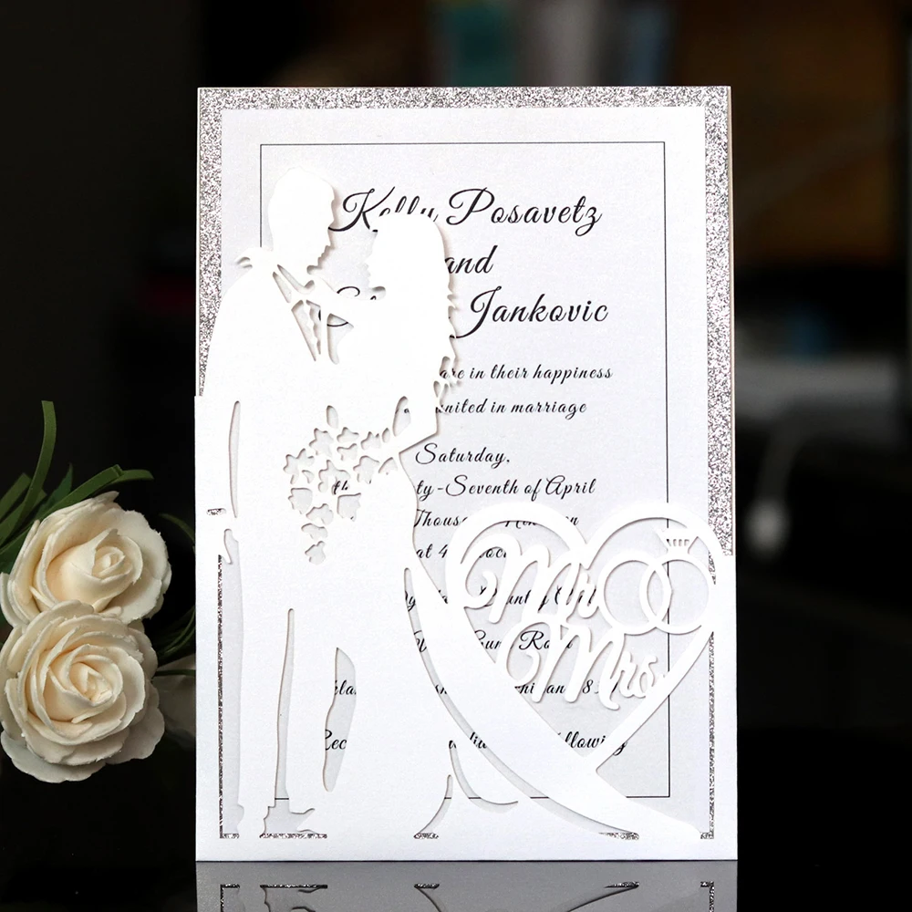 10 set Customize Laser Cut Wedding Invitations Card Bride and Groom Greeting Cards Mr & Mrs Envelop - 33054474247