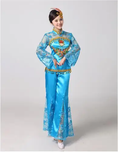  chinese embroidered sequined folk dance costumes fan handkerchief drum yangko dance clothing red\bl