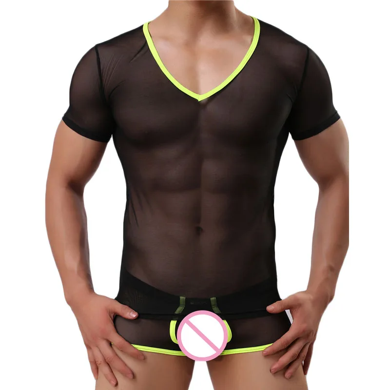 

Sexy Man Undershirts V-Neck Short Sleeves Mesh Bodysuit Basic T Shirts Gay Men Transparent See Through Tops Underwear Undershirt