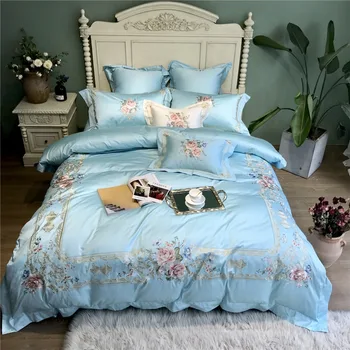 

Premium Quality 120S Egyptian cotton Luxury Embroidered Bedding set Blue Queen King Royal Duvet cover Bed sheet set Pillowcase
