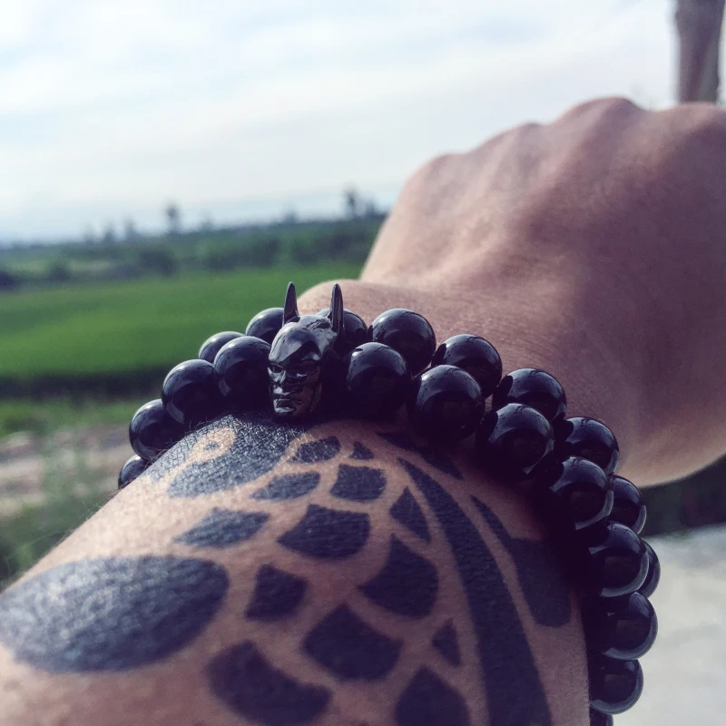 Mcllroy Mens Bracelets Natural Black Mantra Prayer Beads & Batman Bracelet For Mens Male Beaded Bracelet Pulseras Masculina 2018