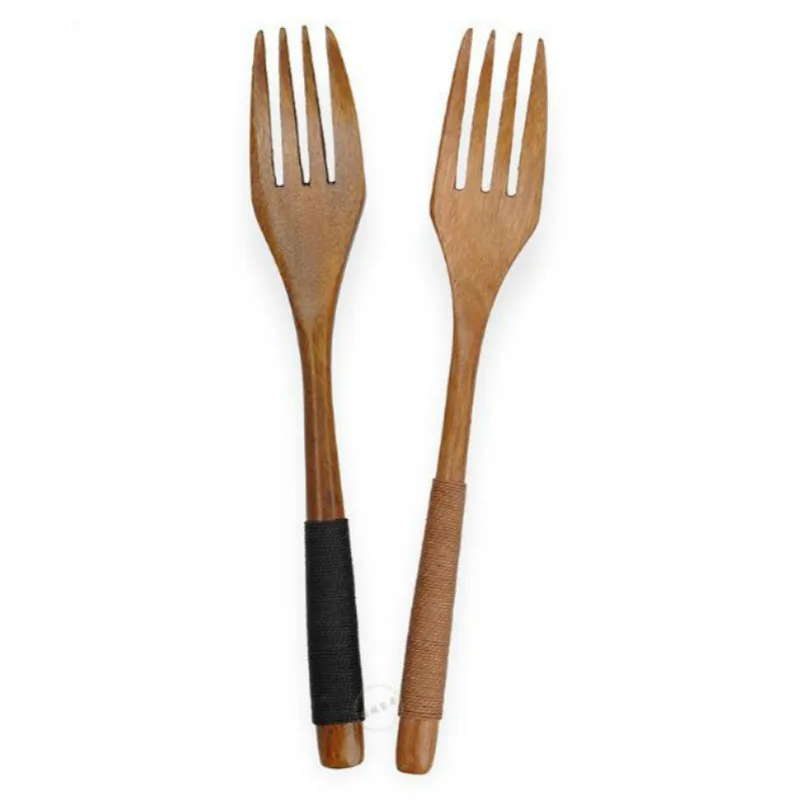 5 Pcs 18CM Wood Fork Natural wood cutlery Winding handle Four teeth