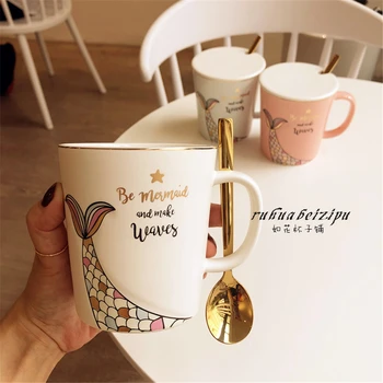 

Creative Mermaid Ceramic Mug With Lid Spoon Home Office Milk Coffee Tea Morning Breakfast Mugs Porcelain Anniversary Gift 370ML