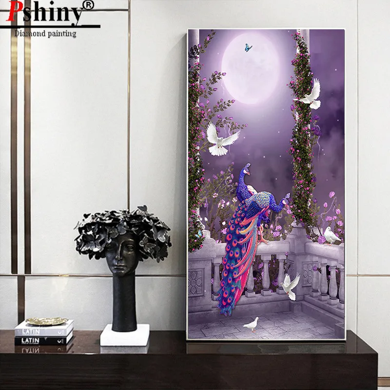 

PSHINY DIY 5D Diamond embroidery sale Purple peacock landscape paintings from crystals full round mosaic pictures of rhinestones