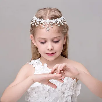 

Drop Ship Infant Girls Headdress Rhinestone Headband Hair Band Neck Ring Pearl Flower Girl Wedding Children Hair Accessory