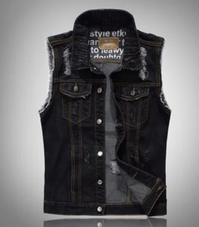 Черный мужской джинсовый жилет с надписями и дырками повседневная мужская