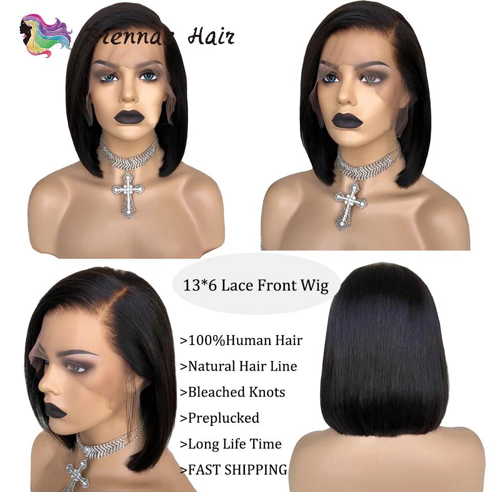 Short bob 13x6 lace wig natural black color side part straight bob lace front wig baby hair human non Remy hair for black women