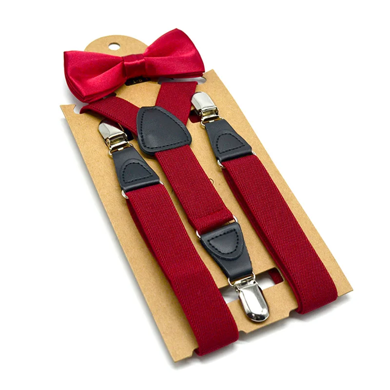 

BISI GORO 14 color boys girl suspenders bowtie sets elastic Adjustable synthetic leather children braces solid 3 Clip kid szelki