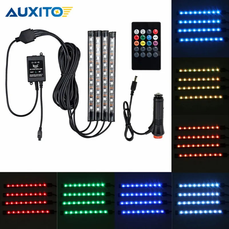 

4pcs/set Music voice Remote Control Car 7 Color RGB LED Neon Interior Light Car RGB Lamp Strip Decorative Lamp Atmosphere Light