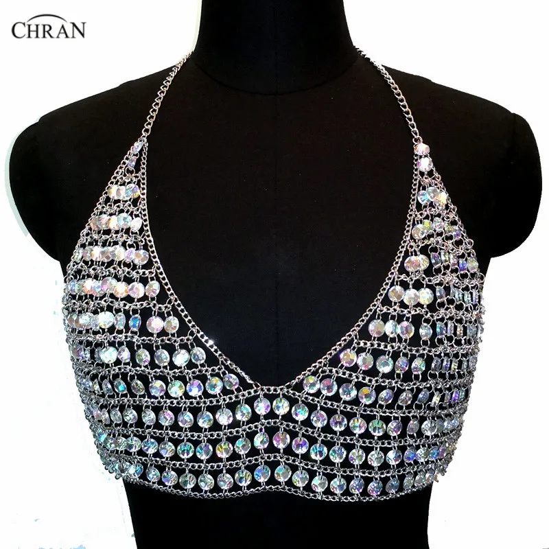 Chran Chain AB Gem Crop Топы блестящий топ пляжная одежда Жгут ожерелье богемное женское