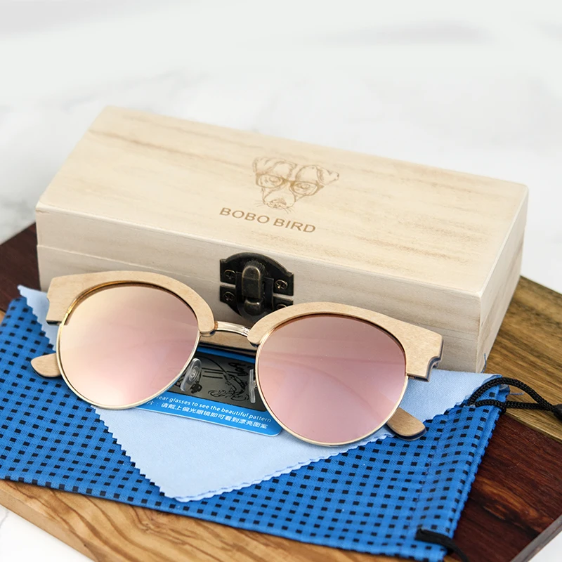 BOBO BIRD Women Sunglasses Polarized Wood Sun Glasses Retro Pink Gold Lens Glasses UV400 Gafas de sol