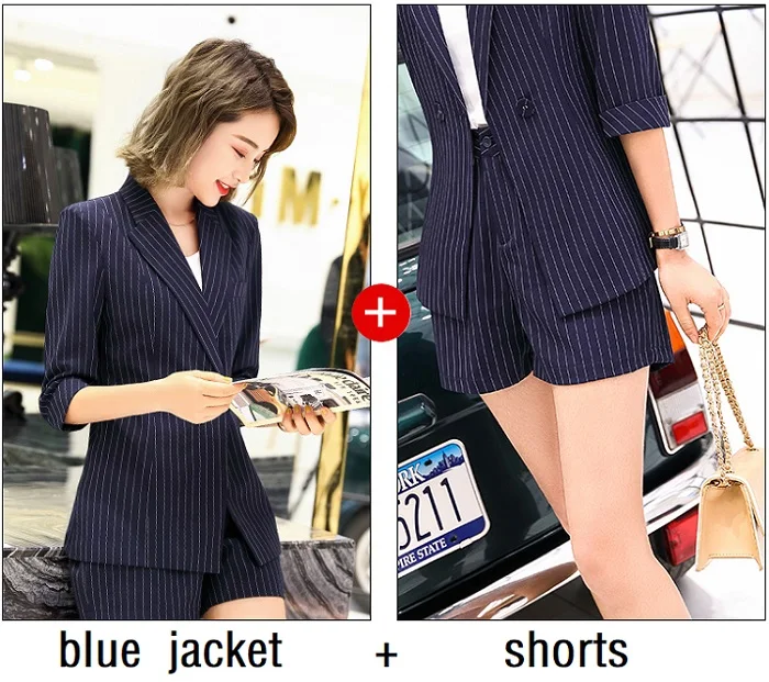 blue jacket shorts Женские костюмы, тонкая летняя полосатая куртка с укороченным рукавом, брюки длиной до щиколотки, комплект из 2 предметов, женские брючные костюмы, женские костюмы, 6113 - Цвет: blue jacket shorts