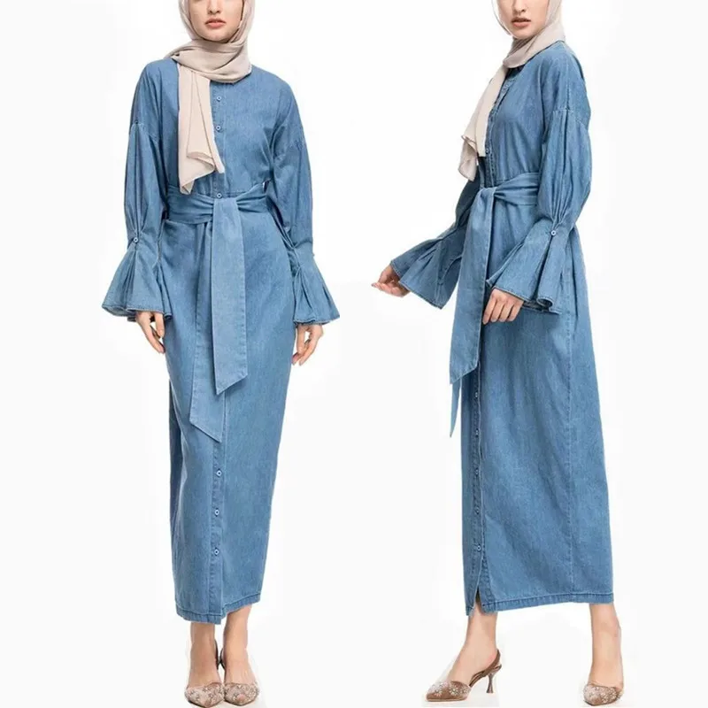 

Muslim Girl Fashion Cowboy Dress Fashion Folding Sleeve Full Button Turkey Middle East Long Round Neck Denim Cardigan Dress