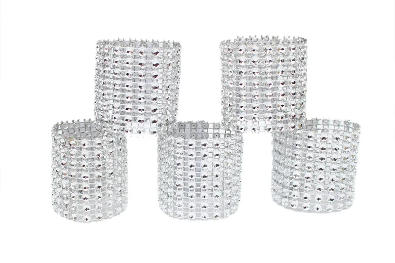 

100pcs Gold/Silver Diamond Mesh Rhinestone Bow Covers Holders Wedding Napkin Rings DIY Decorations Table Decor Craft