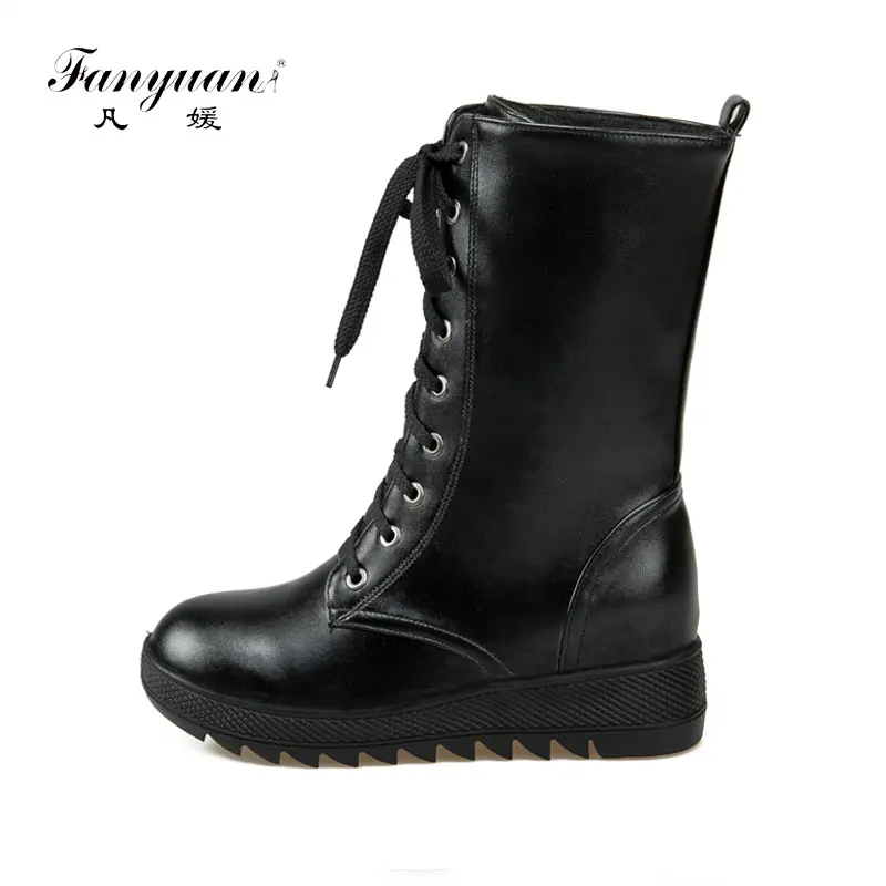

Fanyuan Autumn winter Wedges snow Boots Women Lace-Up leisure lace up Mid-calf winter boots White Martin Boots Student Shoes
