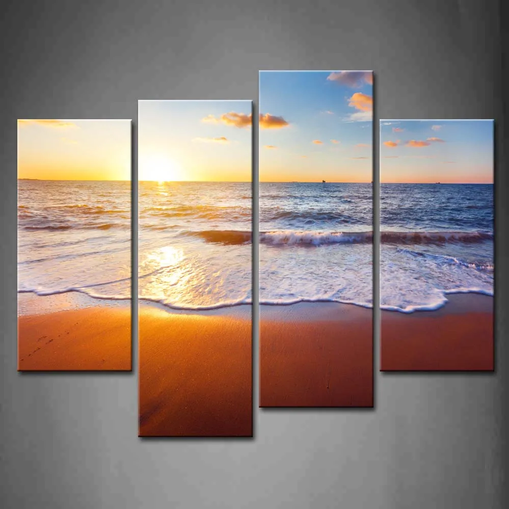 

4 Pieces Framed Wall Art Picture Sunset Beach Sea Wave Canvas Print Artwork Seascape Poster With Wooden Frames For Decor