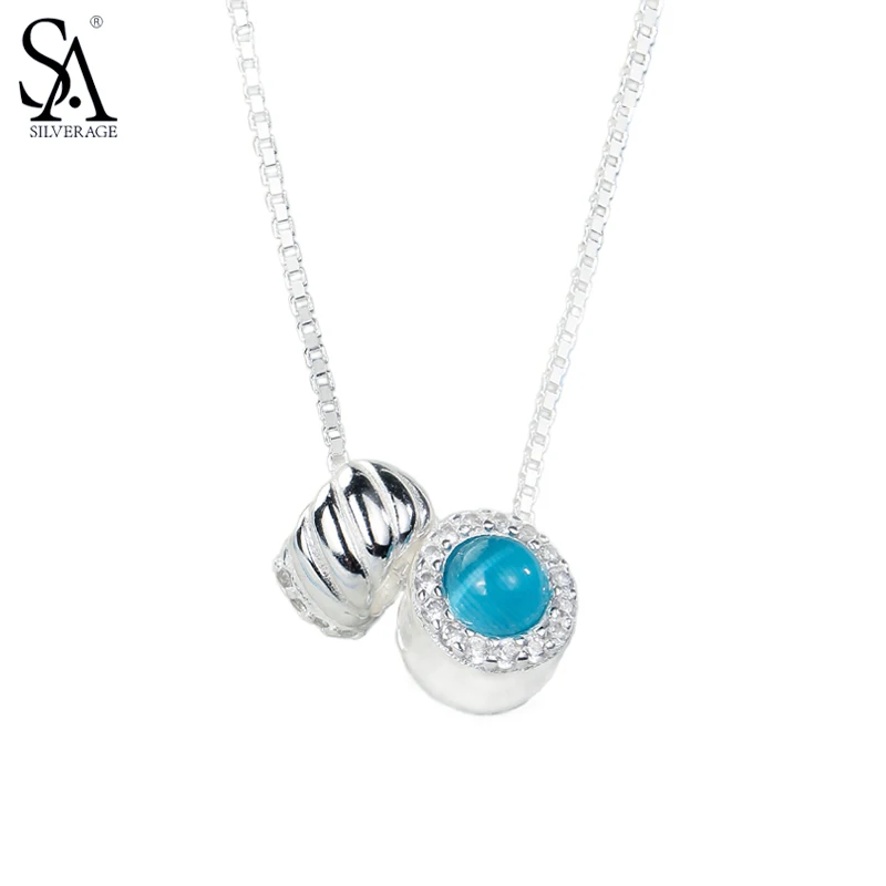 

SA SILVERAGE 925 Sterling Silver Necklaces Pendants For Women Fine Jewelry Blue Round 2018 Hot Sale,18