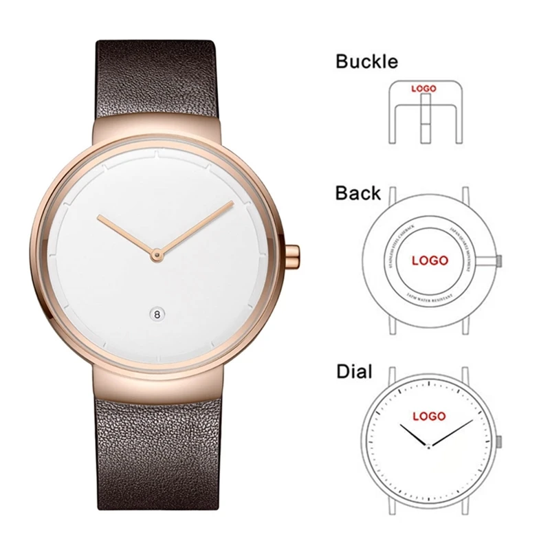 

BAOSAILI CL032 Custom Printed Logo Watch Genuine Leather Strap Rose Gold Case Design Your Own Watch Minimal Watch