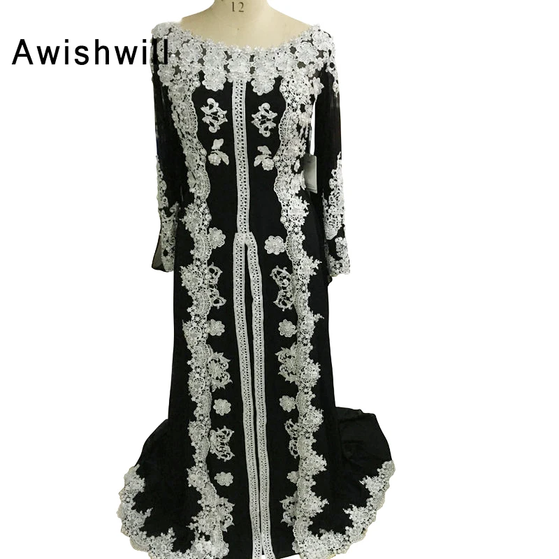 

2019 Evening Gowns Beaded Chiffon Appliques Lace Muslim Evening Dress Long Sleeves Moroccan Kaftan Dress Dubai Bridal Dresses