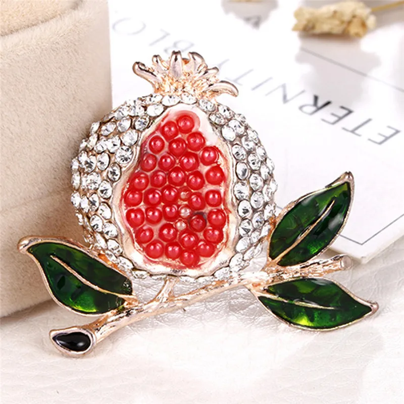 New Fashion Rhinestones Brooches Pins For Women Wedding Party Dress Accessory Jewelry Cute Painted Red Pomegranate Brooch