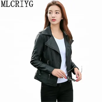 

Women's Spring Coat 2019 PU Leather Jacket Motorcycle Black Short Basic Faux Leather Jackets Women chaquetas invierno mujer 116