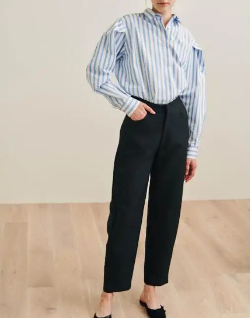 Longue Striped Épaules Top Blue Sur Détails Chemise Les Volumineux Logo Brodé Chemises Priola Manches Bleu Poignets Femme Blanc Bande Plissée wHPTTgqI