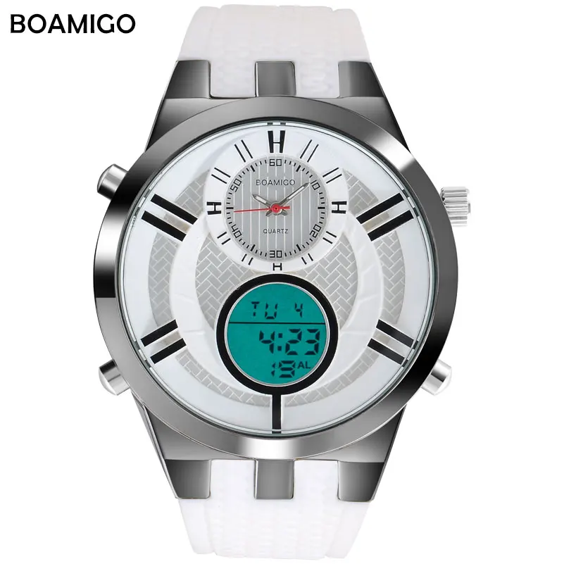 

BOAMIGO Hot Simple Sport Mens Watches Dual Display Digital Watch Military Quartz Male Watch White Rubber Strap Wristwatch Hombre