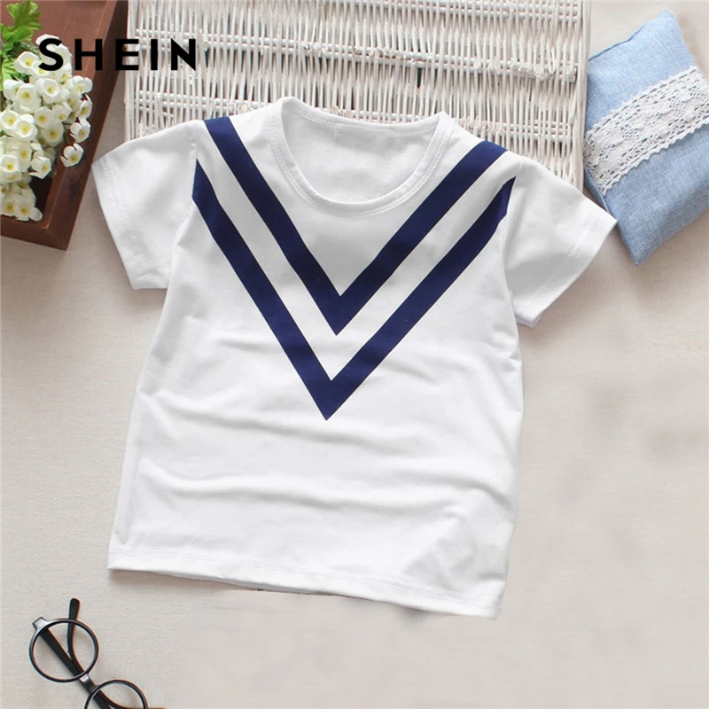 

SHEIN Kiddie Boys White Chevron And Letter Print Casual T-Shirt Children 2019 Summer Short Sleeve Tops And Tees For Teenagers