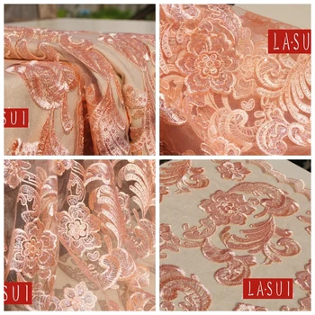 

LASUI shining pink sequins embroidery perspective network yarn lace fabric evening dress accessories double lace beauty X0136