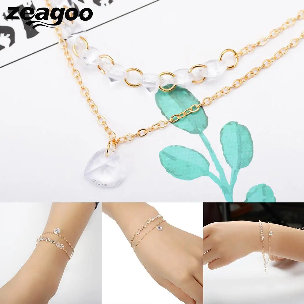 Zeagoo имитирует Кристалл Циркон двухслойный браслет цепочка сердце для женщин