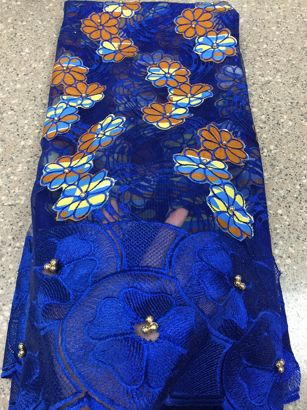 

Top grade royal blue African Lace Fabric 3d Pattern Embroidered French net lace fabric with beads and stones for bridal