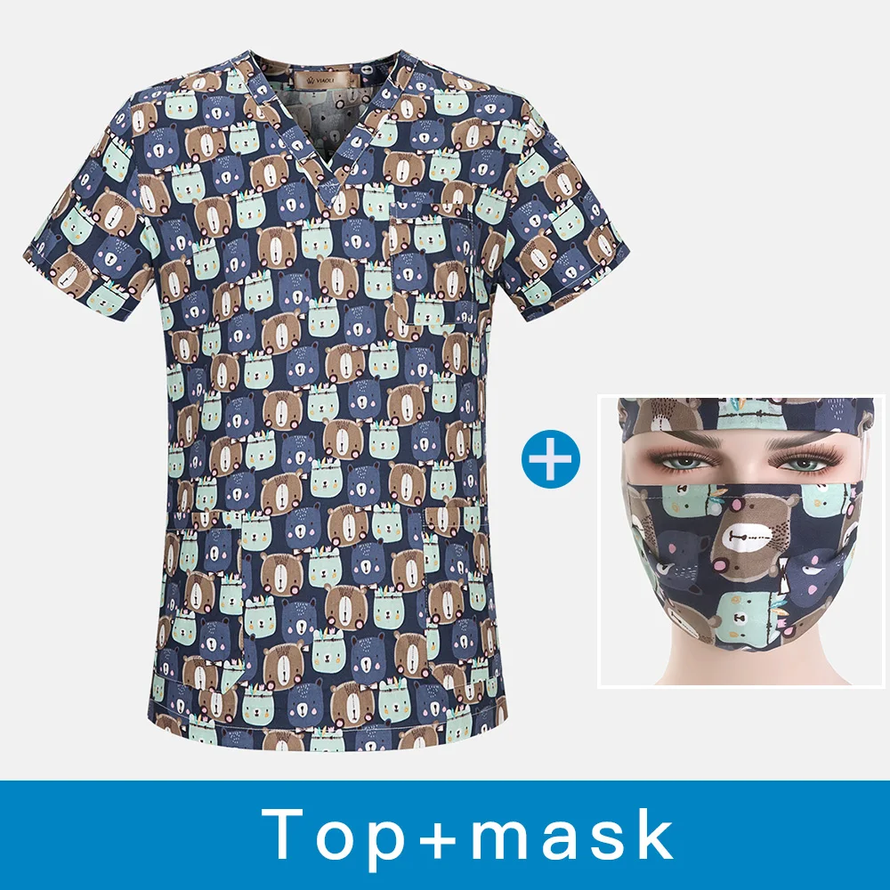 Sanxiaxin дышащая хирургическая медицинская форма унисекс мультфильм печать v-образным вырезом Скраб Топы Больничная Спецодежда для медсестер рубашка для женщин и мужчин - Цвет: top mask