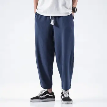 

M-5XL Drawstring Japanese Streetwear Hemp Pants Plus Size Peg Leg Linen Trousers Men Casual Ankle Length Harem Pants XXXXXL