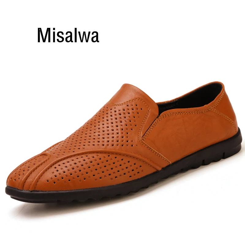 

Misalwa Over Size Summer Leather Men Shoe Casual Hollow Breathable Office Work Driving Men Loafers Soft Hand Making Male Flats