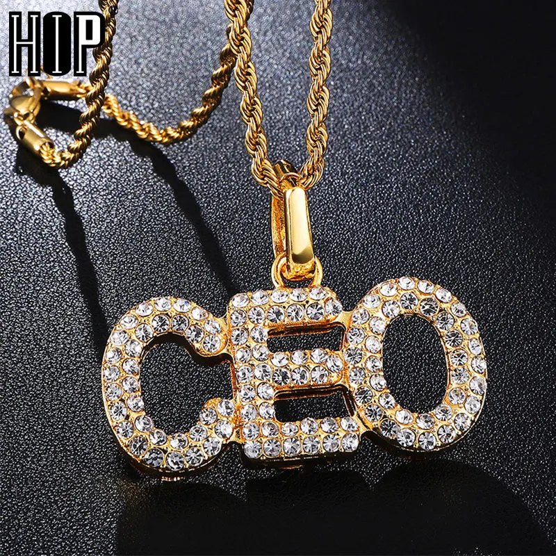 

HIP Hop Full Rhinestoned Letters Words CEO Bling Iced Out Rope Chain Pendants & Necklaces for Men Jewelry Gold Color