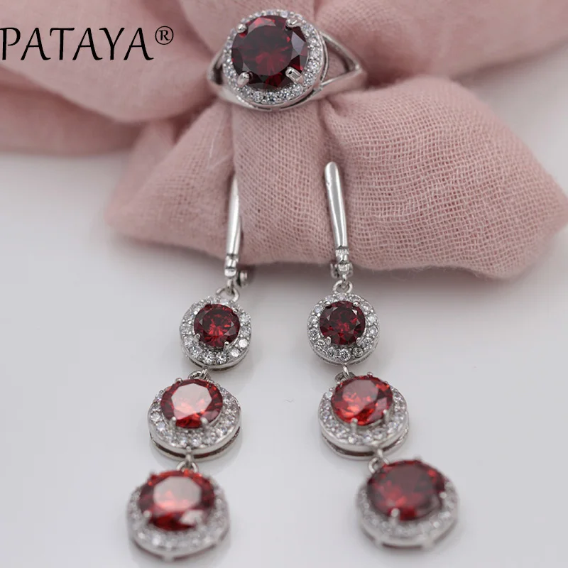 PATAYA Charm фиолетовый настоящий белый золотой комплект ювелирных изделий круглый натуральный кубический циркон кольцо серьги наборы вечерние свадебные аксессуары ювелирные изделия