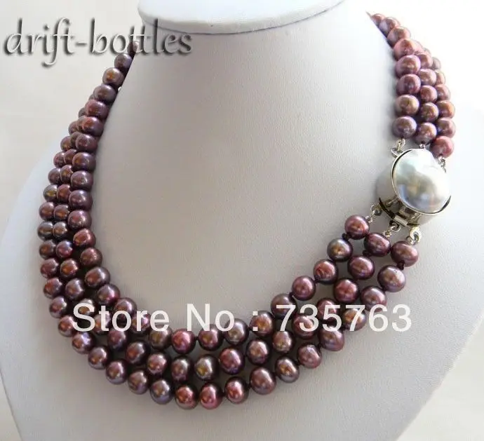 

HOT 00377 3Strands 9MM Purple Round Freshwater Pearl SEA MABE Clasp Necklace