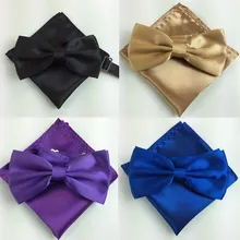 Галстук из шелкового атласа смокинг галстуки-бабочки и Pocket Square Set для мужские Для женщин Леди Твердые Цвет костюм с бантом Костюмы аксессуары ZY186118