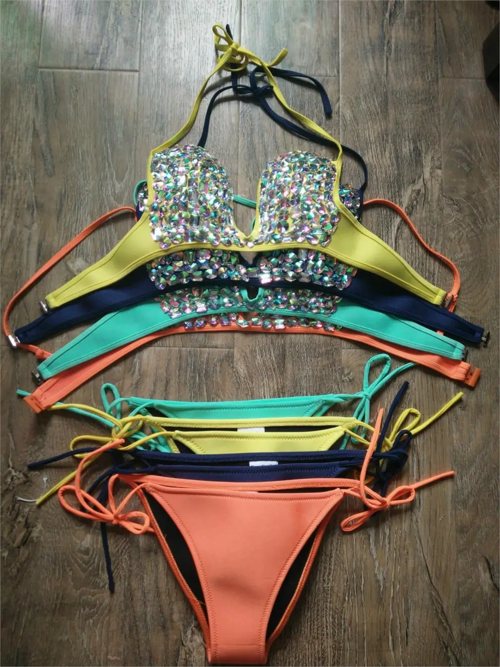 

Women Push Up Rhinestone Bikini Handmade Sewn Diamond Swimwear Nightclub Lingerie Crystal Swimsuit Deep V Neoprene Bikinis Sexy