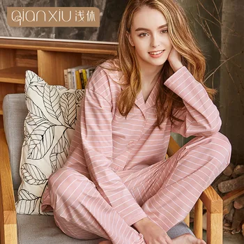 

Qianxiu women stripe autumn pajama set lapel long sleeve cardigan pyjamas women leisure pyjama femme pure cotton Homewear