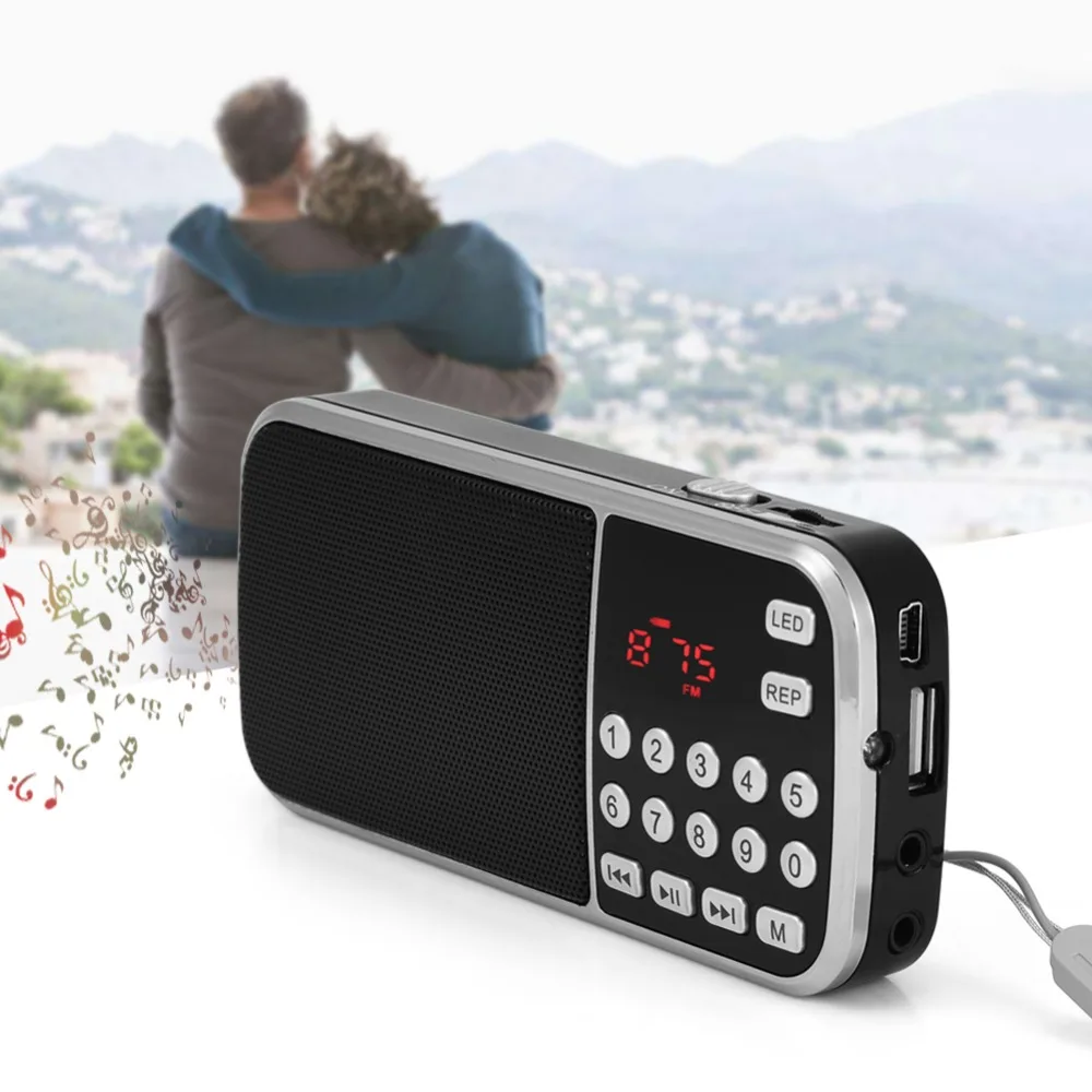 

Portable FM Radio Mini Radio Audio Player Music Receiver with Built-in Speaker Support Earphones and TF-Card with Li-ion Battery