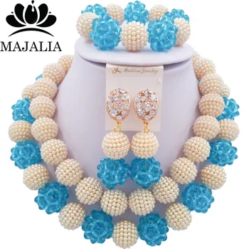 

Majalia Fashion Nigeria Wedding African Jewelry Set Beige and Lake blue Crystal Plastic Pearl Necklace Bride Jewelry Sets 2CY005