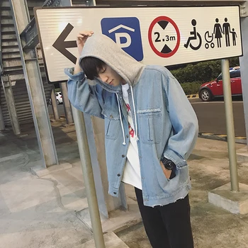 

Men's jacket men's summer 2019 new slim fit patchwork hooded blazer ripped retro loose casual personality youth men's wear