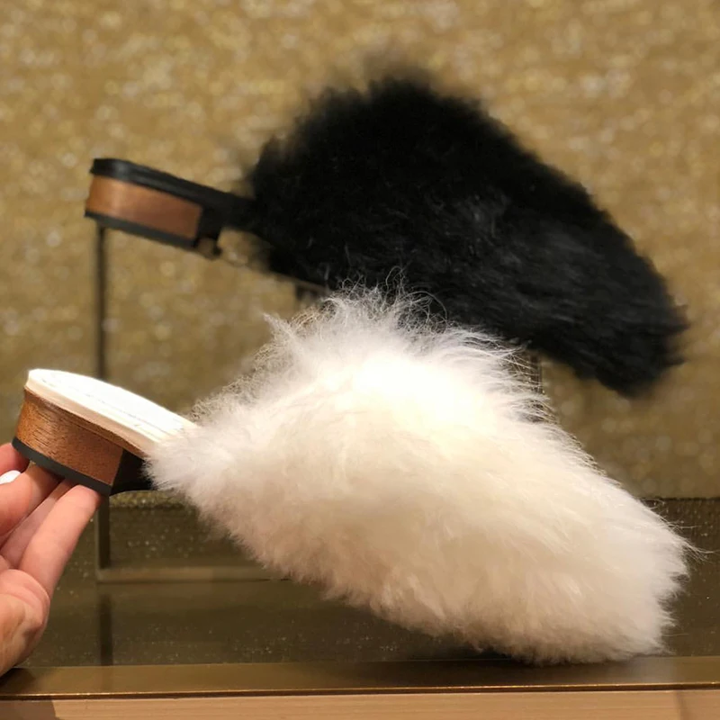 

Womens Fur Slippers Low Heel Leather Mules Shoes White Black Casual Shoes Outside C25