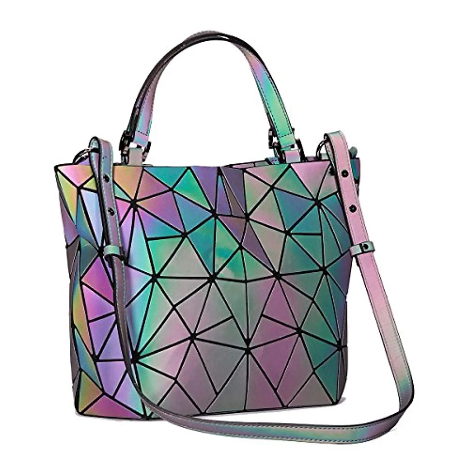 

2019 New Real Pu Totes Bolsas Feminina Harlermoon Women's Geometry Glowing Holographic Wallet And Tote Flash Bounce Tote...