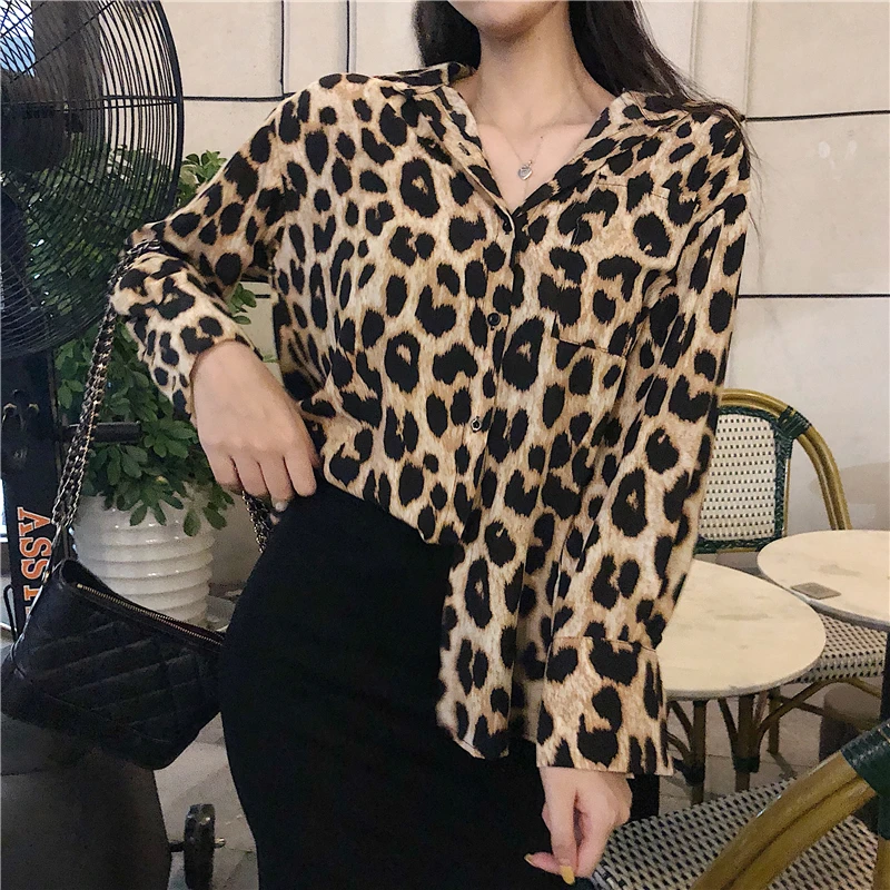 

2018 Women Turn-down Collar Long Sleeve Pocket Leopard Print Blouse Ladies HarajukuTops Blouses Plus Size Shirt Blusas Mujer