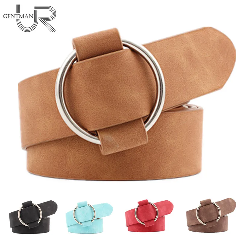 

New Fashion Womens Round Buckle Belt Casual Ladies Belts For Jeans No Hole Simple PU Leather Belt