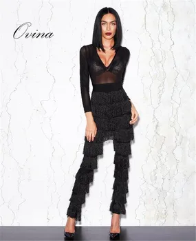 

Black Mesh Long Sleeve V Neck Cascaded Tassel Rompers Women Jumpsuit