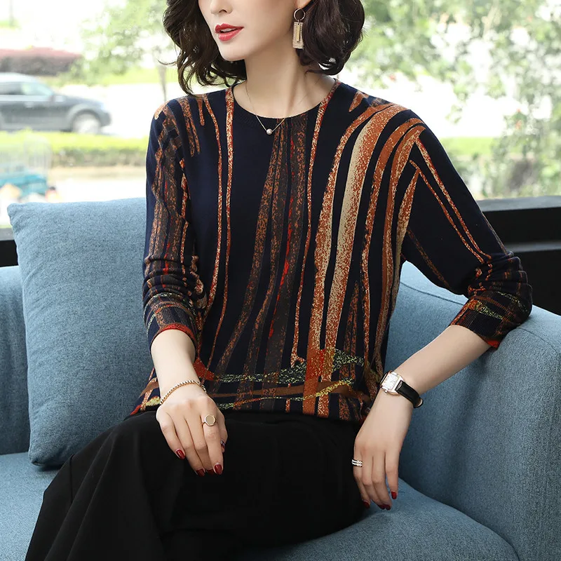 

2019 Spring Autumn Fashion Sweater Warm Stripe Sweater Women Printed Sweaters Female Soft Knitted Jerseys and Sweaters