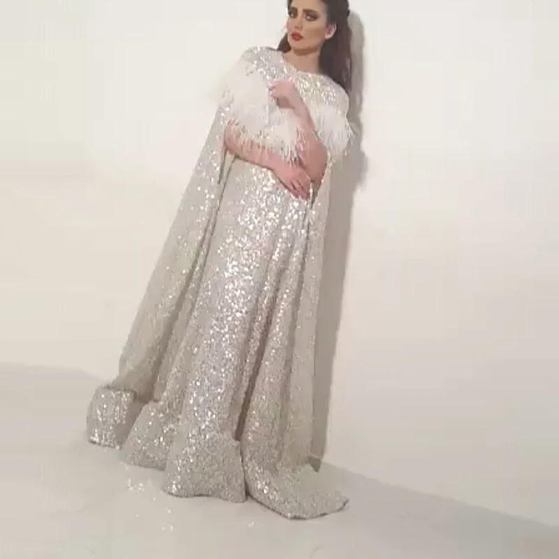 

2017 Arabic Long Bolero Kaftan Stunning Silver Sequin Muslim Evening Dress Feather Decoration Dubai Formal Dress Vestido Noche